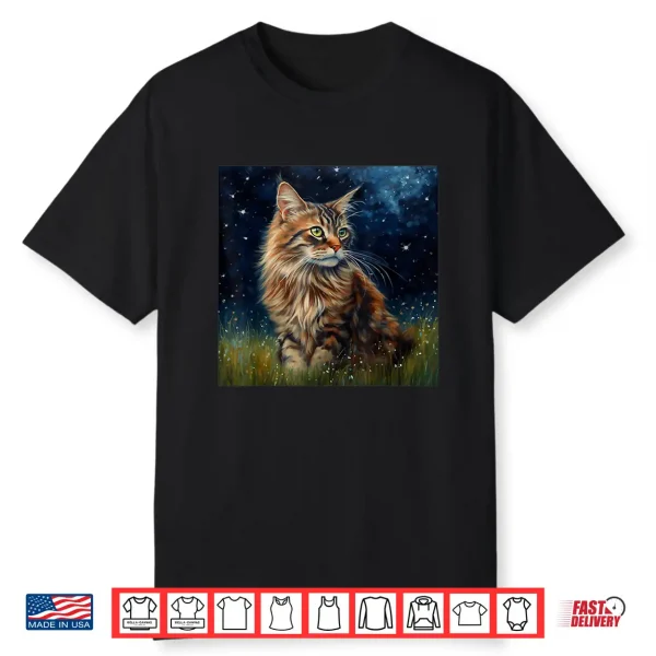 Cute Maine Coon Cat In A Starry Sky Night Painting Shirt