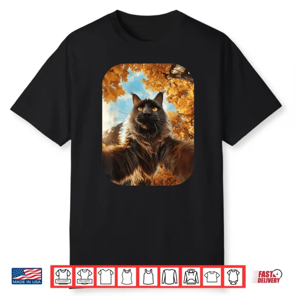 Cute Maine Coon Cat Selfie Fall Leaves Forest Autumn Animal Shirt
