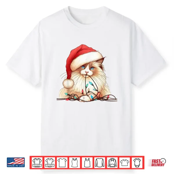 Cute Ragdoll Cat Chew Christmas Light Cord Xmas Holiday Fun Shirt
