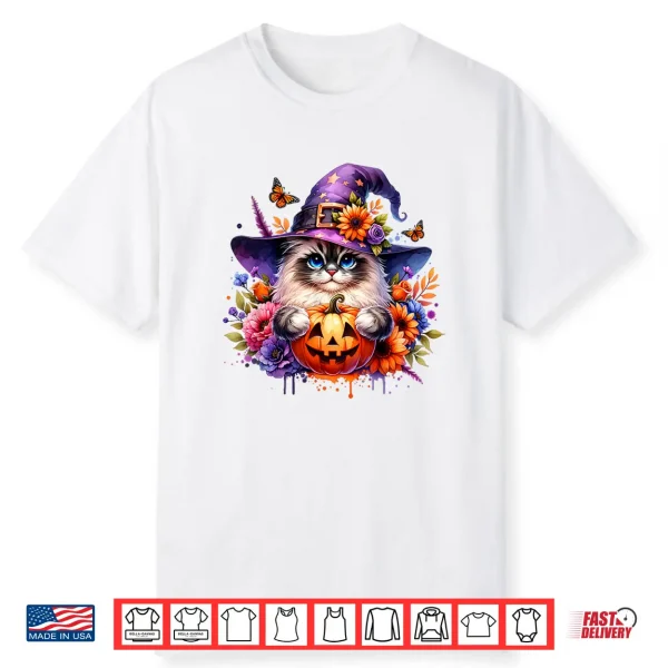 Cute Ragdoll Cat Halloween Witch Hat Scary Pumpkin Flowers Shirt