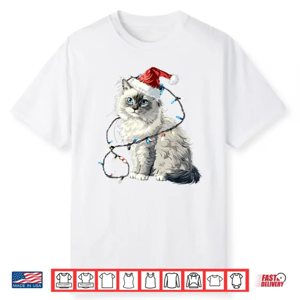 Cute Ragdoll Cat Santa Hat Christmas Lights Feline Shirt