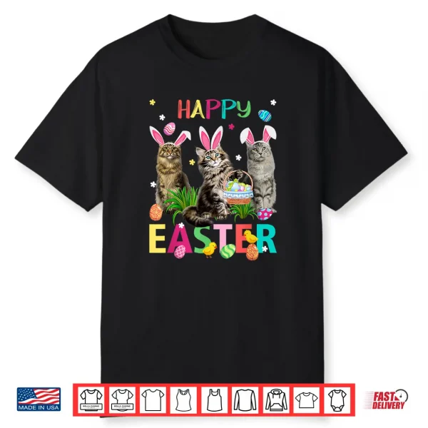 Cute Three Maine Coon Cats Wear Bunny Ears Happy Easter Day Shirt