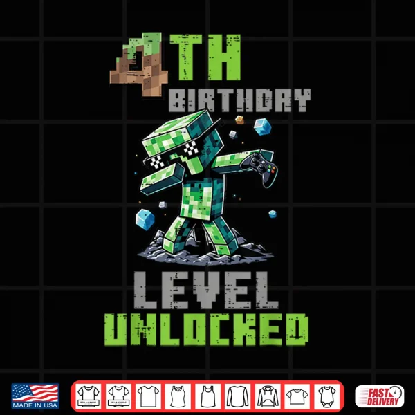 Design 4th Birthday Level Unlocked Pixel Dab 4 Bday Gamer Boys Kids Shirt