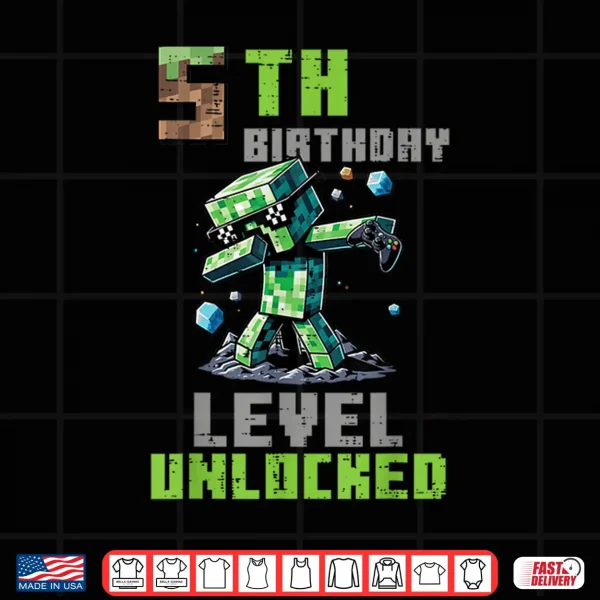 Design 5th Birthday Level Unlocked Pixel Dab 5 Bday Gamer Boys Kids Shirt