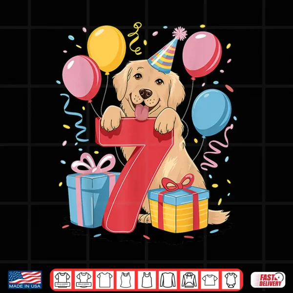 Design 7th birthday boy girl 7 years old seven Golden Retriever Shirt
