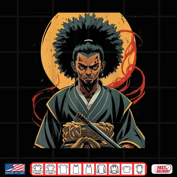 Design Afro American Samurai Anime Cartoon Japanese Bushido Warrior Shirt