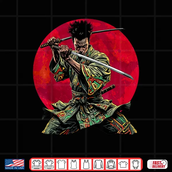 Design Afro American Samurai Warrior Katana Anime red moon Shirt