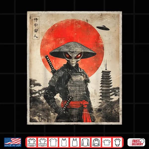 Design Alien Samurai UFO Japanese Vintage Graphic Ukiyo e Art Funny Shirt