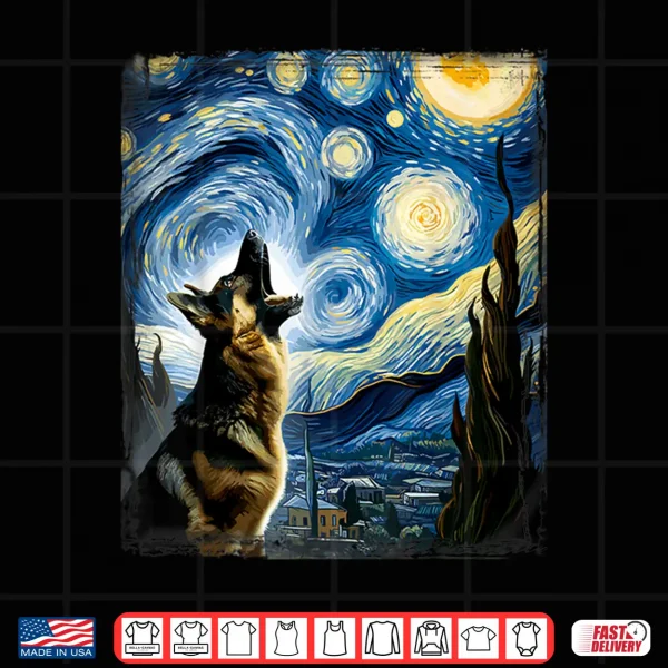 Design Alsatian Dog Artistic Van Gogh Starry Night German Shepherd Shirt