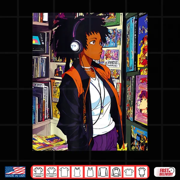 Design Anime Black girl Lofi Music 90s Retro Afro Cartoon Shirt
