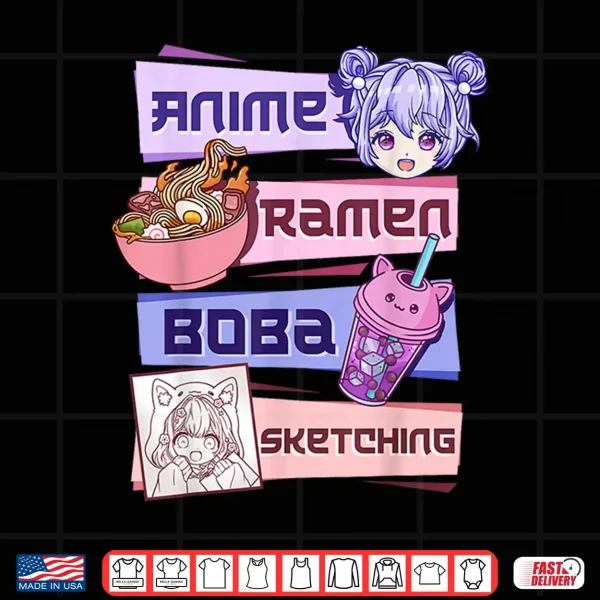 Design Anime Girl Ramen Boba Tea Bubble Tea Sketching Shirt