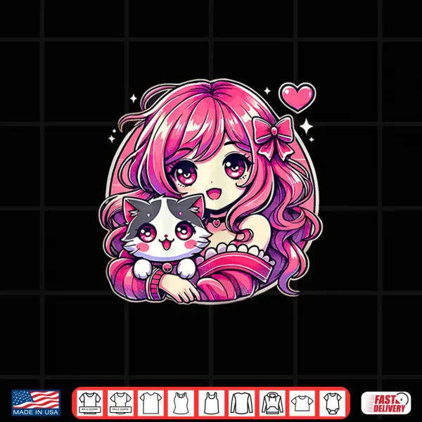 Design Anime Girl and Cat Kawaii Manga Girl Shirt