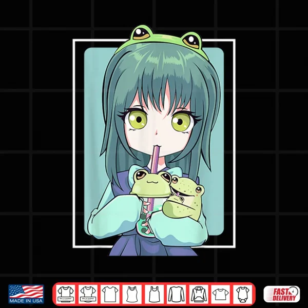 Design Anime Girl for Frog Lovers and Kawaii Boba Tea Frog Teens Shirt