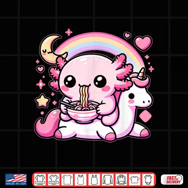 Design Anime Kawaii Axolotl Eating Ramen Noodles Kids Teen Girl Boy Shirt