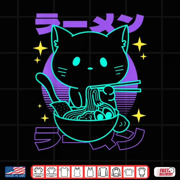 Design Anime Ramen Cat Japanese Retro Noodles Aesthetic Kawaii Cat Shirt