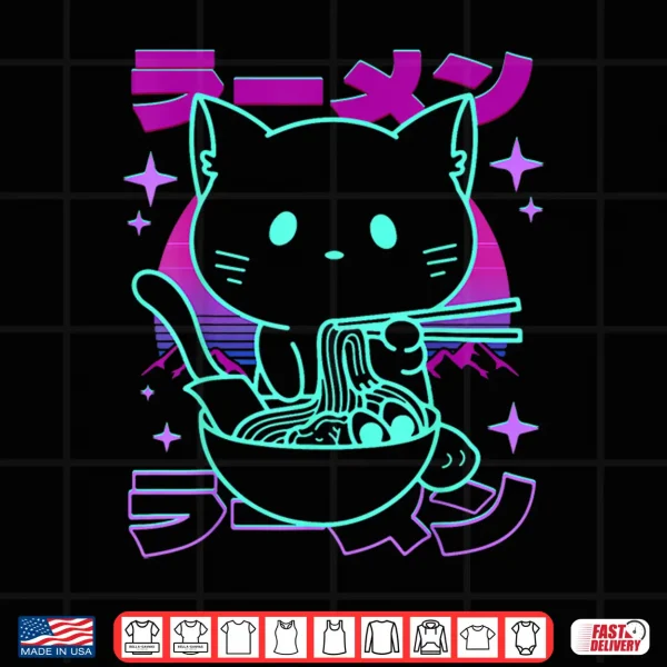 Design Anime Ramen Cat Retro Japanese Noodles Aesthetic Kawaii cat Shirt