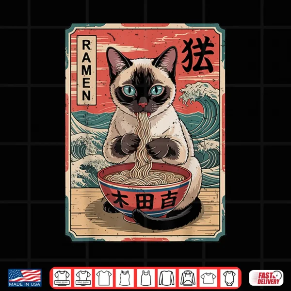 Design Anime Siamese Cat Eating Ramen Noodle Funny Mom Dad Toddler Shirt 2