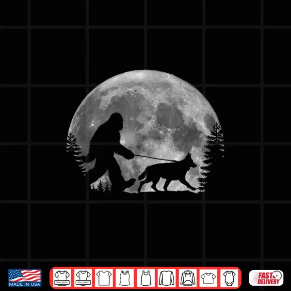 Design Bigfoot Walking a Dog Funny German Shepherd Moon Halloween Shirt