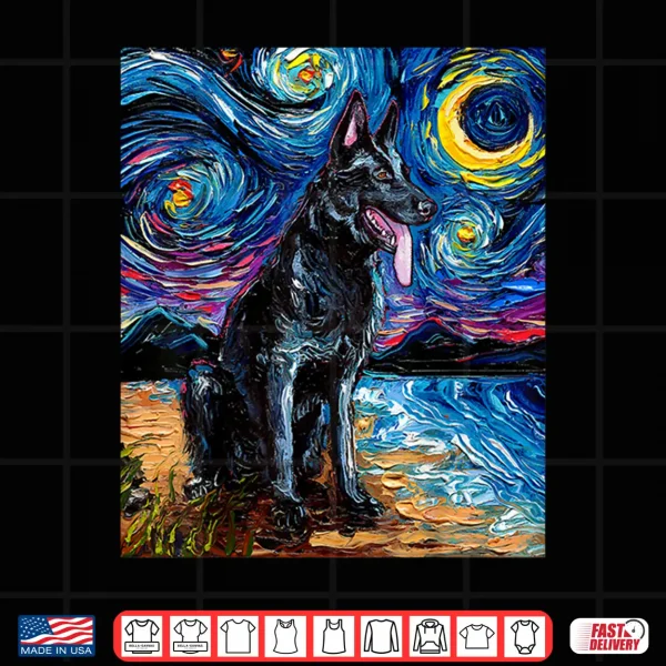 Design Black German Shepherd Starry Night Dog and Moon art by Aja Shirt