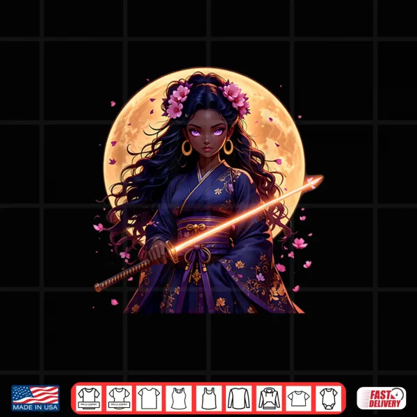 Design Black Woman Japanese Anime Samurai Girl Black Cat Shirt