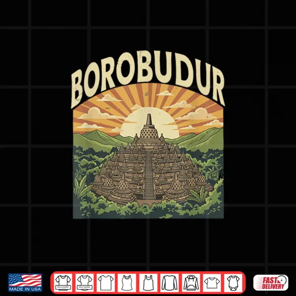 Design Borobudur Retro Indonesian Buddhist Temple Sunset Forest Shirt