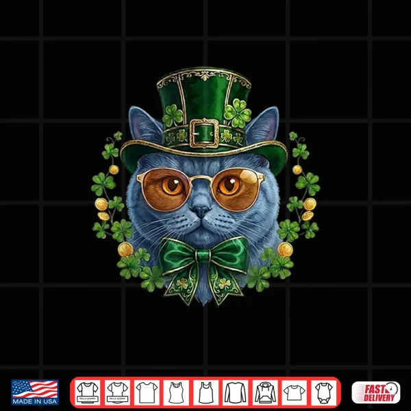 Design British Shorthair Cat Leprechaun Hat Glasses St Patricks Day Shirt