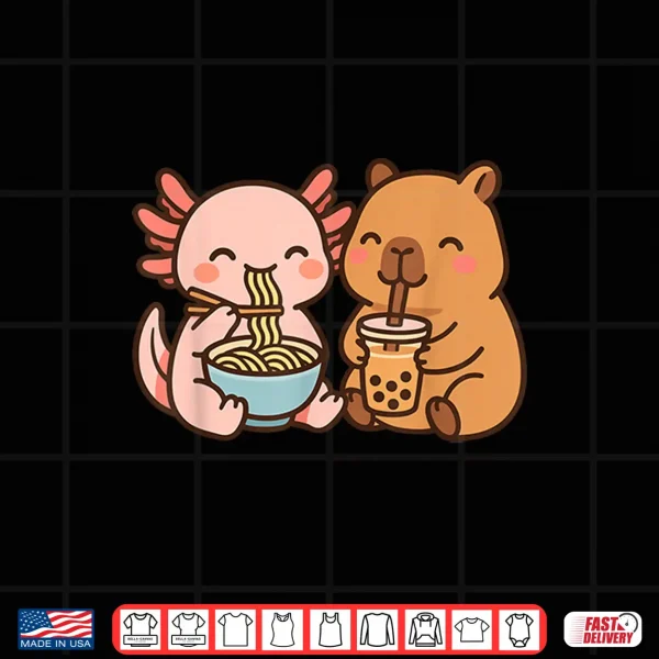 Design Capybara Axolotl Kawaii Kids Anime Boba Tea Ramen Shirt