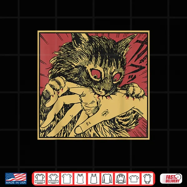 Design Cat Bite Horror Anime Creepy Crazy Cat Japanese Shirt