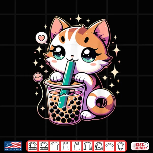 Design Cat Boba Japanese Kawaii Anime Kitty Bubble Tea Neko Teen Shirt