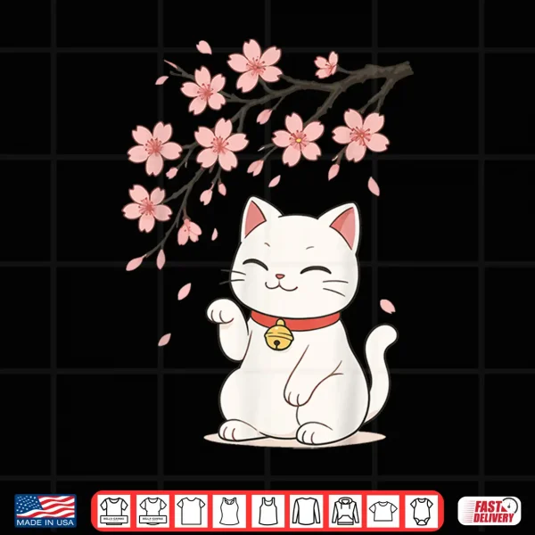 Design Cat Cherry Blossom Japan Anime Men Women Kids Shirt