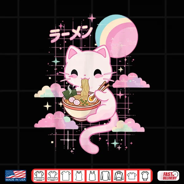 Design Cat Eating Ramen Kawaii Pink Anime Shirt 2