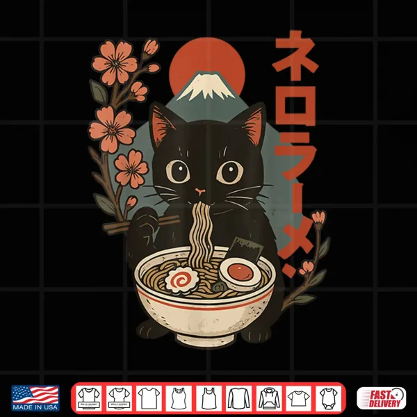 Design Cat Eating Ramen Kitten Anime Japan Shirt