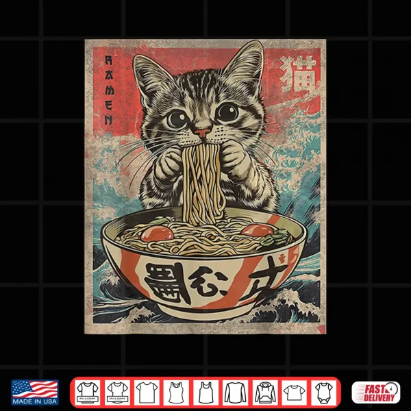 Design Cat Eating Ramen Noodles Kawaii Anime Manga Japanese Food Shirt