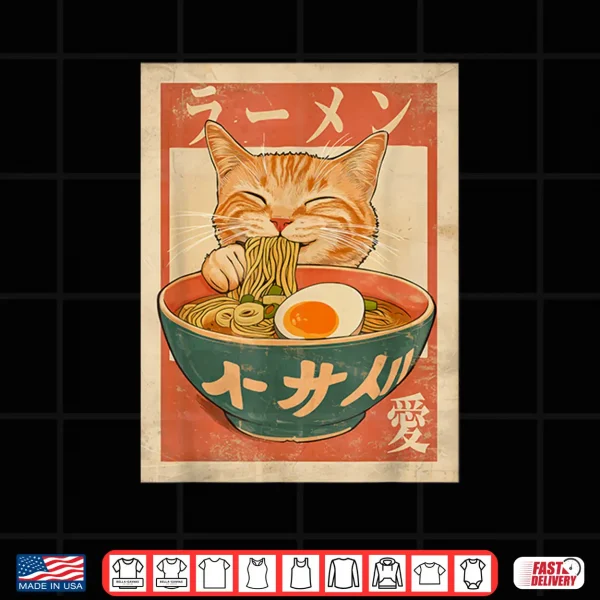 Design Cat Ramen Funny Japanese Vintage Graphic Tee Kawaii Anime Shirt