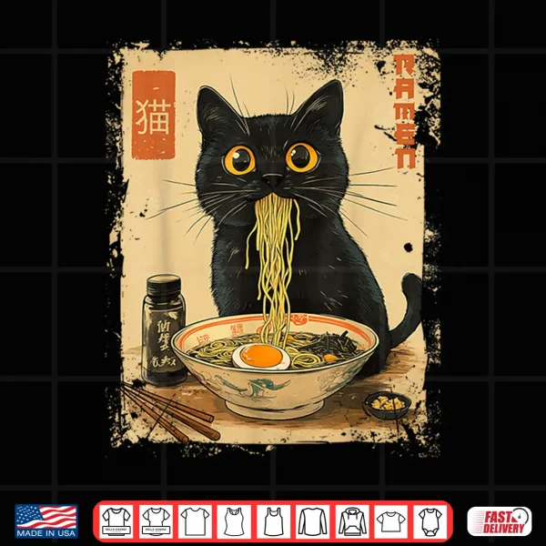 Design Cat Ramen Japanese Funny Graphic Tees Kawaii Cat Anime Gifts Shirt