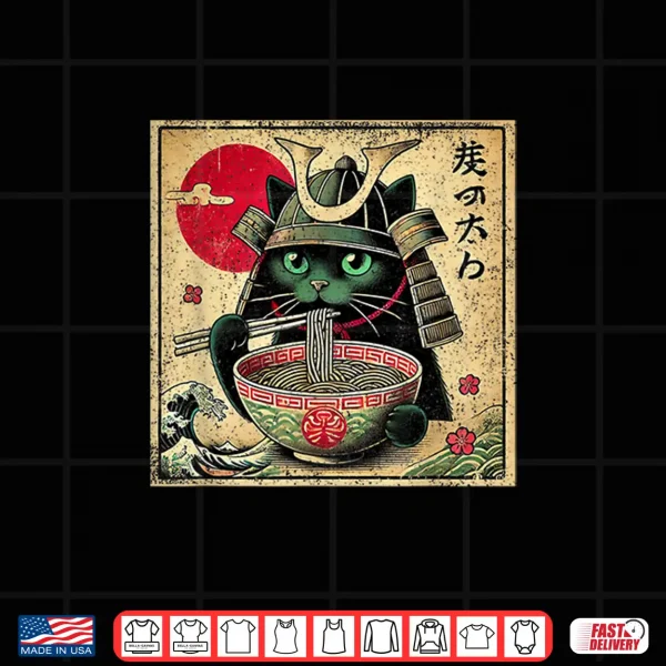 Design Cat Ramen Japanese Funny Samurai Kawaii Cat Anime Girls Boys Shirt 2