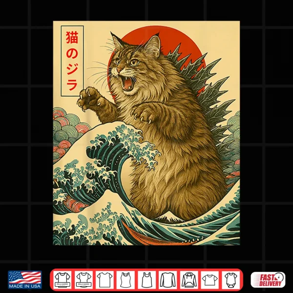 Design Catzilla Maine Coon Cat Japanese Art Gifts For Men Women Kid Shirt