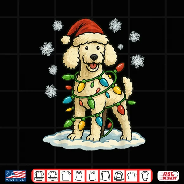 Design Christmas Lights Wrapped On Cute White Poodle Fun Dog Lover Shirt