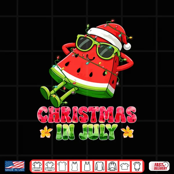 Design Christmas in July Funny Watermelon Santa Hat Summer Vacation Shirt