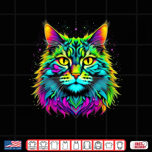 Design Colorful Bright Maine Coon Cat Vibrant Psychedelic Cat Art Men Women Kids Shirt