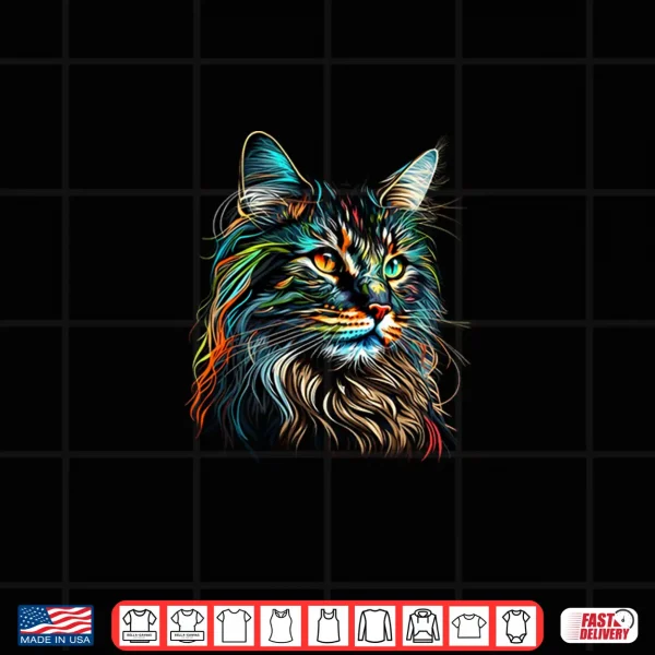 Design Colorful Maine Coon Cat Face Art Beautiful Cats Black Shirt