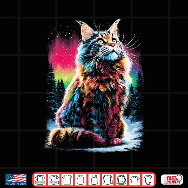 Design Colorful Maine Coon cat Aurora Borealis Winter Season Forest Shirt