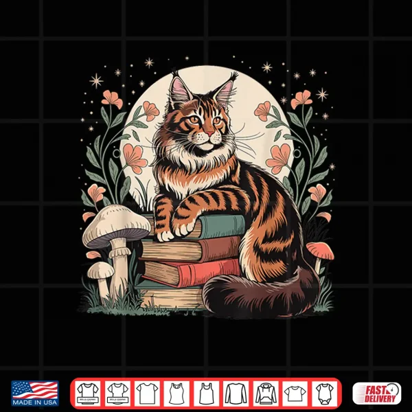 Design Cottagecore Maine Coon Cat Books Reader Whimsical Art Shirt