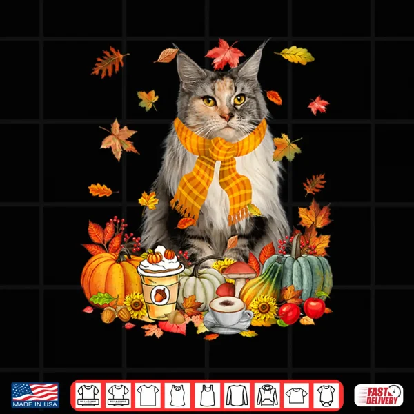Design Cup Of Coffe Maine Coon Cat Pumpkins Fall Vibes Thanksgiving Shirt