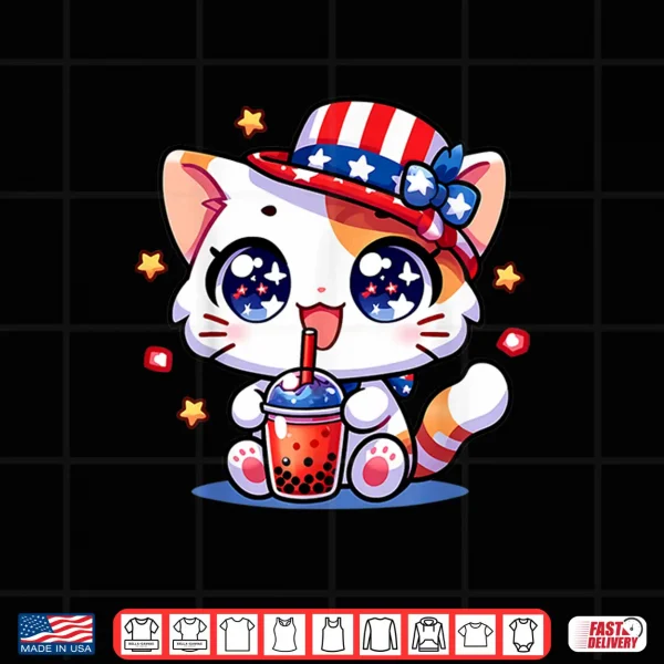 Design Cute 4th of July Cat Shirt Girls Kids Kawaii Anime Boba Tea Shirt