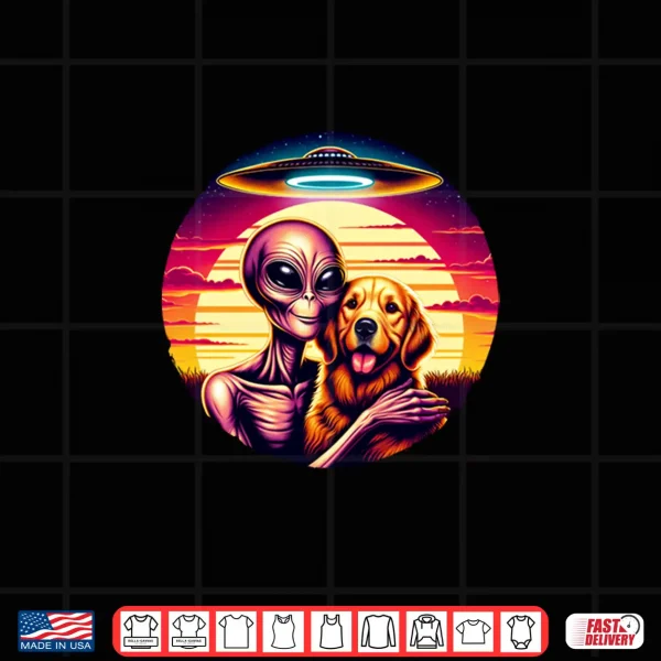 Design Cute Alien Golden Retriever Friendship Funny Vintage UFO Shirt