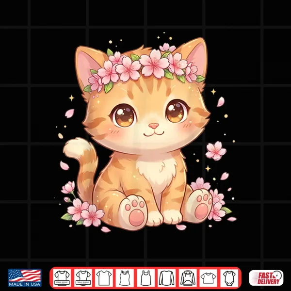 Design Cute Anime Cat with Cherry Blossoms Flower Kids Girls Boys Shirt