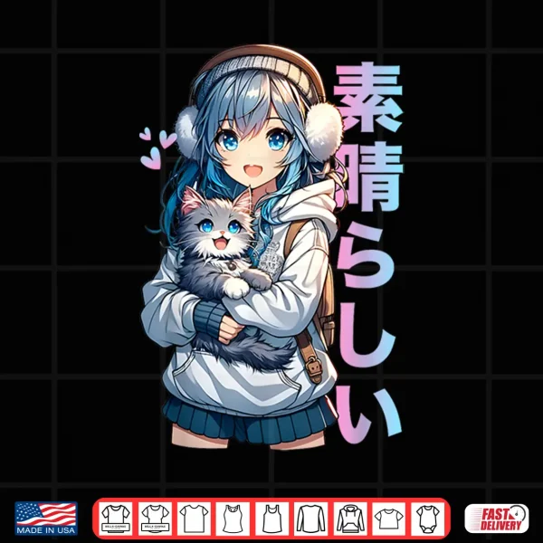 Design Cute Anime Girl with a Cat for Cat Lover Kawaii Otaku Manga Shirt