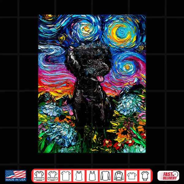 Design Cute Black Poodle and Flowers Starry Night Dog Art by Aja Shirt