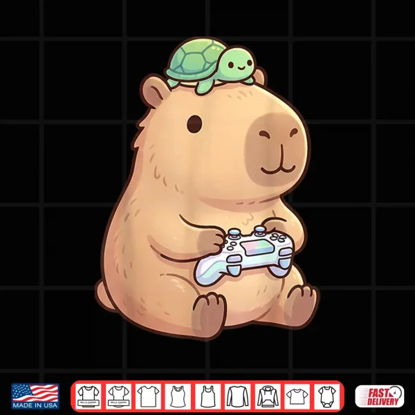 Design Cute Capybara Anime Gamer Turtle Funny Graphic Kawaii Shirt